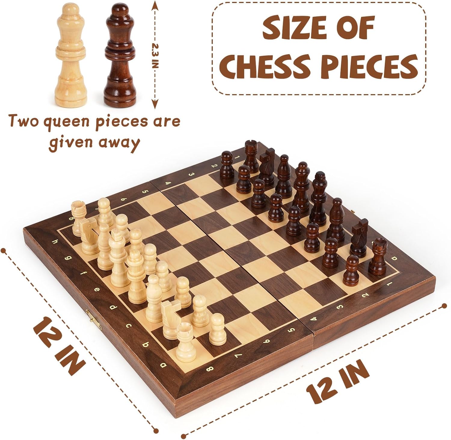 Magnetic Travel Chess Set 12-inch Wooden Magnetic Chess Board 2 Extra Queen Folding Chessboard for Storage Toys & Games for Adults Vintage Chess Game – Family Board Games Educational Toy Sets