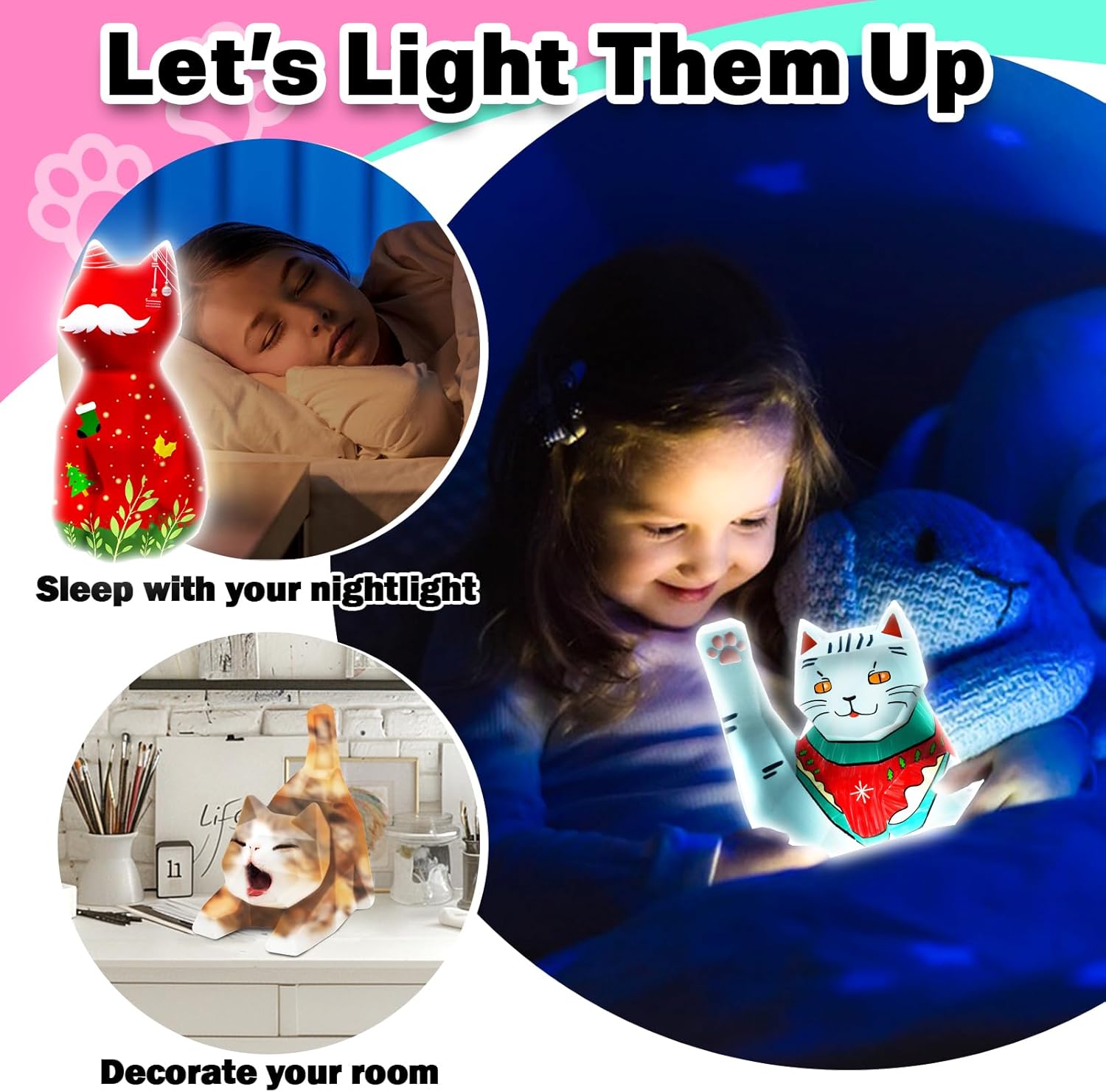 FUNZBO 3pcs Paint Your Own Cat Lamp Kit - Halloweens Arts and Crafts Supplies Kitten Painting Kits for Kid Teen, DIY Night Light Toy for Toddlers Girl Boy Age 3 4 5 6 7 8 9 10 11 12 13 Birthday Gifts