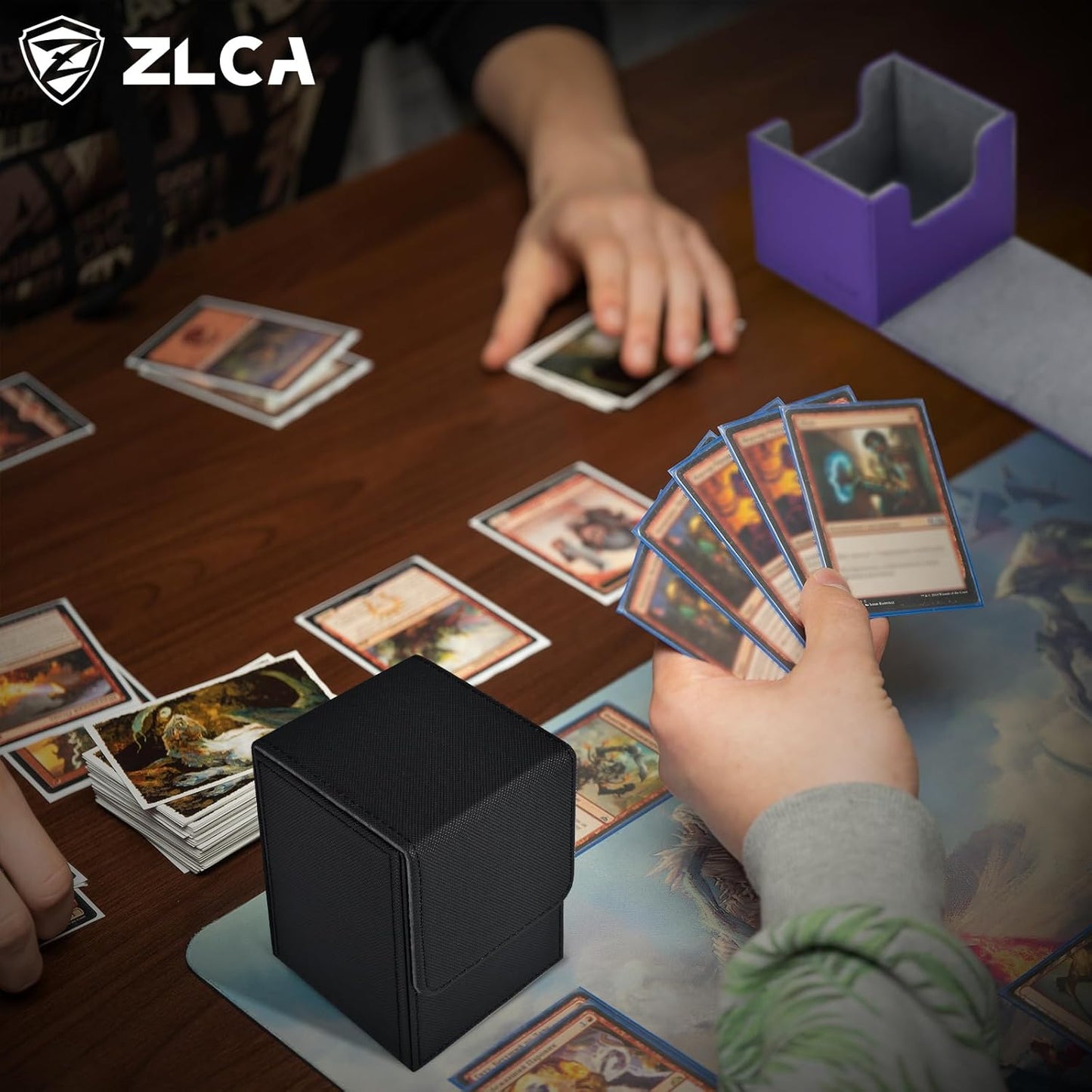 ZLCA Card Deck Box for MTG, Yugioh Deck Case Holds 100+ Single Sleeved Cards, PU Leather Magnetic Storage Box Fits for CCG TCG Sport Card (Black& Purple)