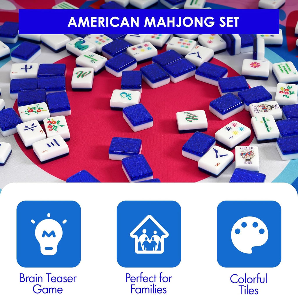 Original Design American Mahjong Tile Set with 160 Acrylic Blue Back Tiles, Upgraded American Style Mahjong Game with Portable Bag and 4 Dices, Classic Board Games for Family Night