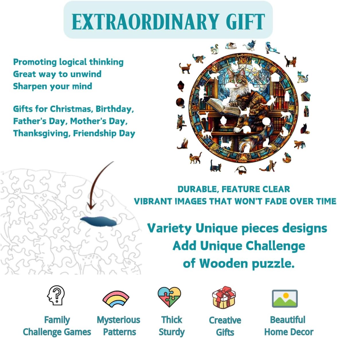 Wooden Puzzles Adults, Maine Cat Library Wooden Puzzles 100 Pieces, Unique Animal Shaped Wood Challenging Jigsaw Puzzles Gifts for Adults, 8.5x8.5in