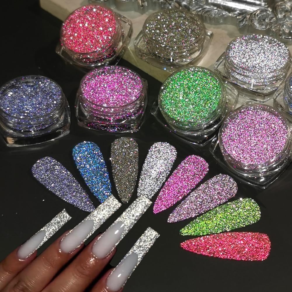 Reflective Glitter Powder Set, 8 Colors Holographic Sparkle Glitter Dust, Flash Diamond Silver Pink Red Purple Blue Shiny Sugar Dipping Pigment DIY Manicure Nail Art Decoration Crafts