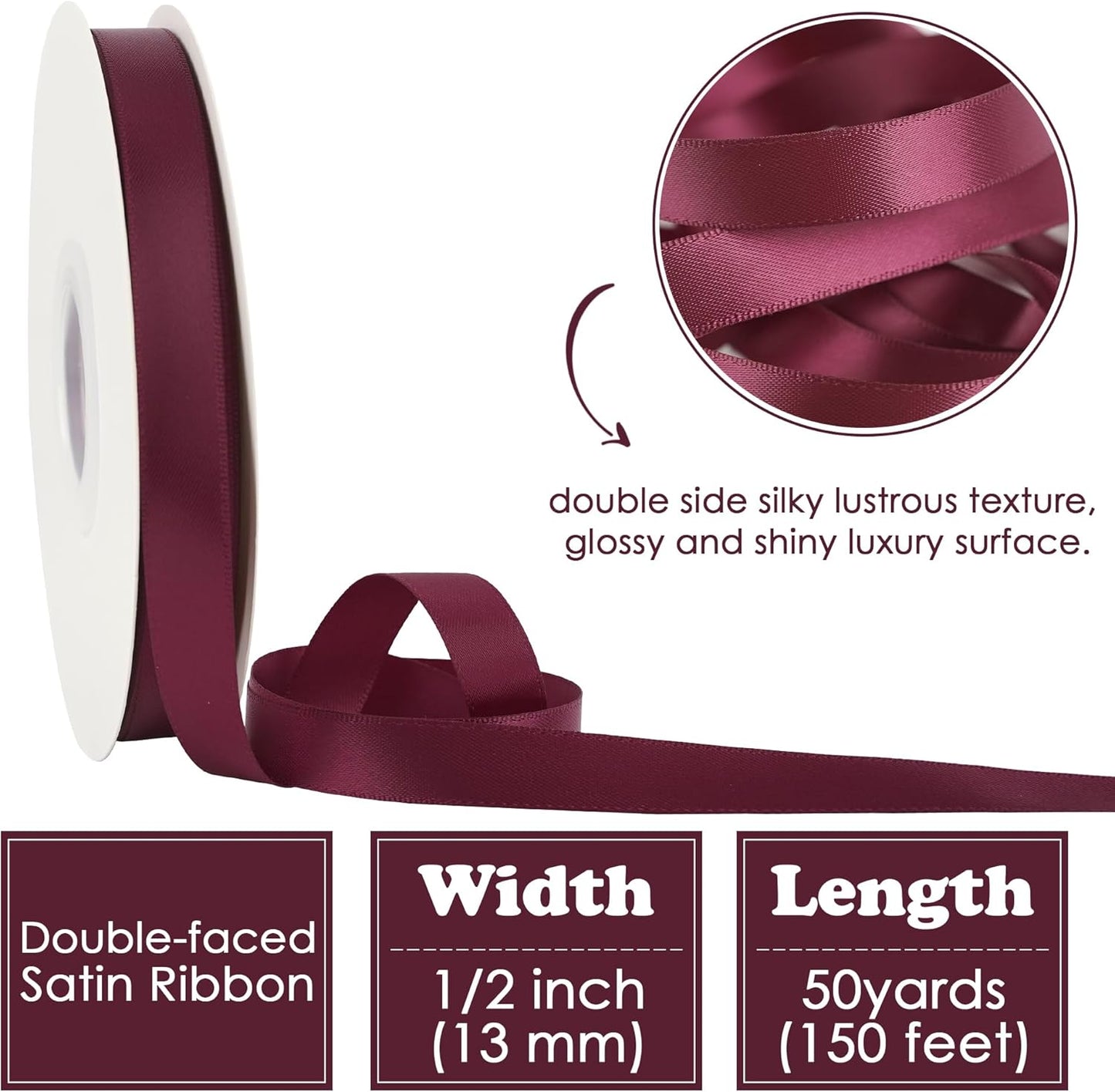 HUIHUANG Burgundy Satin Ribbon 1/2 inch X 50 Yards Continuous, Maroon Double-Faced Satin Ribbon for Gift Wrapping, Bows, DIY Crafts, Flower Bouquet, Wedding, Christmas Decor, Birthday