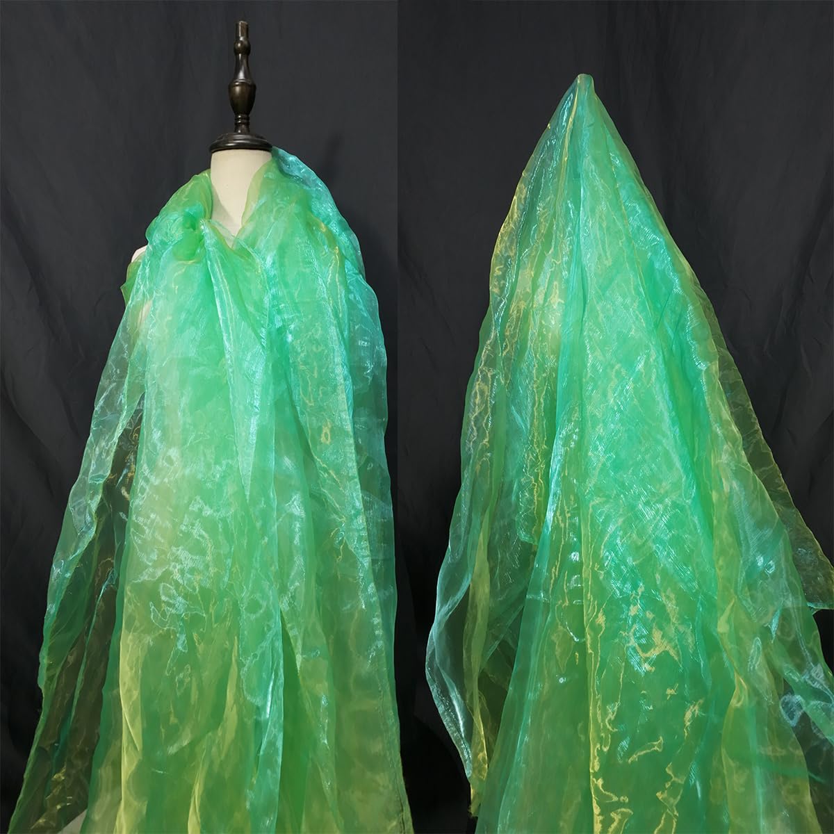 Two-Tone Iridescent Holographic Organza Fabric - 11 Yards by The Yard | Lightweight Sheer Tulle | for Wedding Dresses, Party Decor, DIY Crafts, Shiny Backdrops(Grass Green + hint of Yellow)