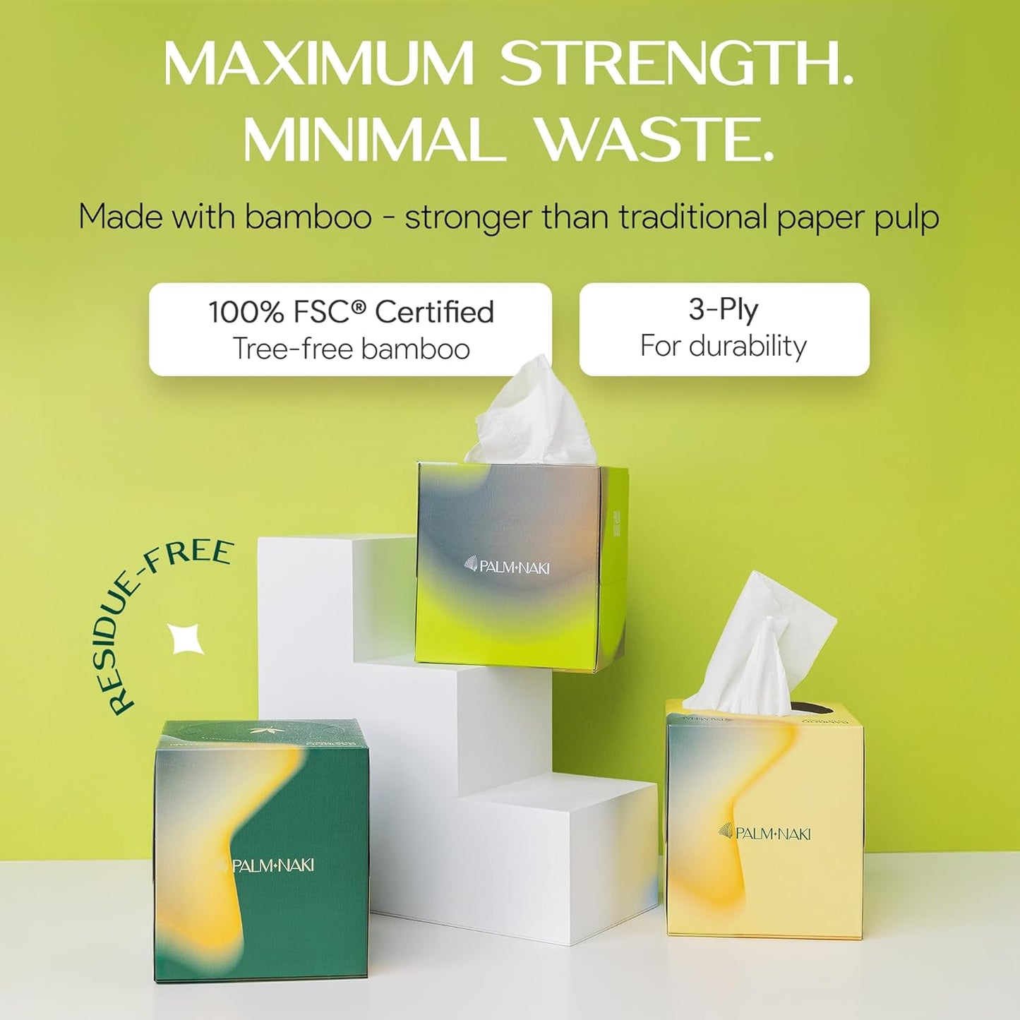Bamboo Facial Tissue | 3-Ply Strong | Lint-Free, Fragrance-Free | Gentle for Sensitive Skin | BPA & PFAS-Free, FSC Certified | 8 Cube Boxes (480 Sheets) | PALM NAKI
