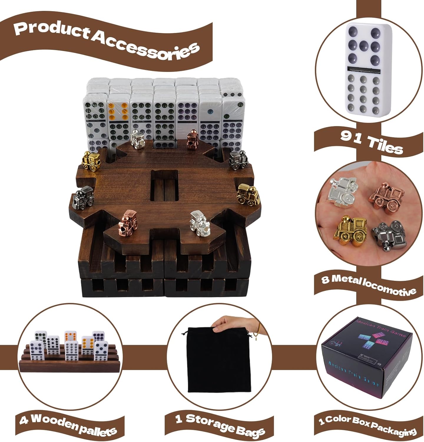 Mexican Train Dominoes Set with Wooden Hub, 91 Domino Tile Board Games Includes Metal Train Markers Color Dot Double Twelve Set with 4 Woodentile Rack for Family Game Night(Burnt Color)