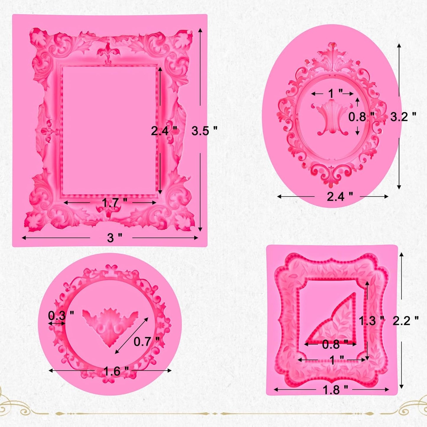 JOERSH 4PCS Baroque Frame Mold, Picture Photo Frames and Corners Silicone Fondant Mold for Cake Decorating, Cupcake Topper, Chocolate, Candy, Sugarcraft, Dessert Decor