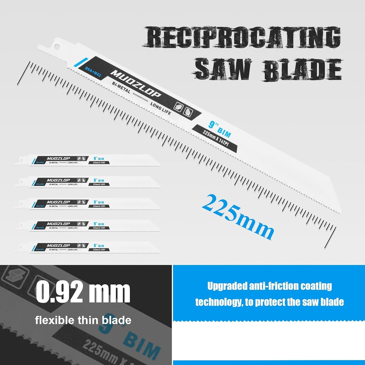 5 Pack 9 inch Reciprocating Saw Blades Set,14 TPI High Carbon Saw Blades, Metal Saw Blades with Organizer Case (5, 14TPI/225mm)