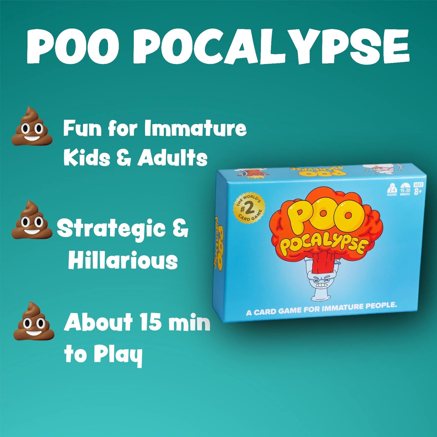 Poo Pocalypse - The Hilarious Card Game for Immature People - Easy and Strategic Family-Friendly Party Game for Adults, Teens & Kids - 2-4 Players
