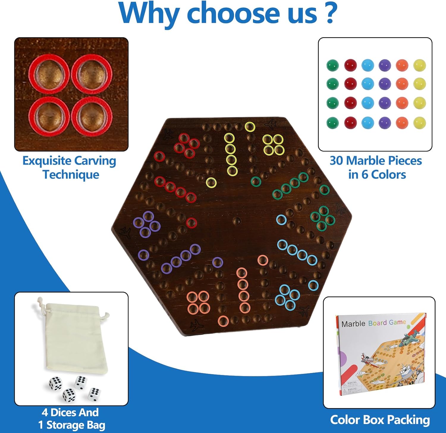 Wahoo Marble Board Game Thicken Wood 4 and 6 Players Fast Track Board Game 2 Sided Painted Perfect Game for Family Friends Party (Rustic Brown)