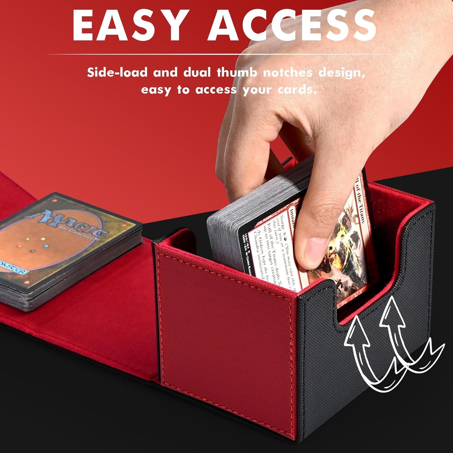ZLCA Card Deck Box for Trading Cards, MTG Commander Deck Box Holds 120+ Single Sleeved, Leather Magnetic Card Storage Case Fits for TCG CCG Magic (Red& Black)