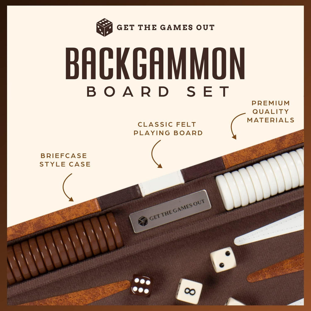 Get The Games Out Backgammon Set, Classic Board Game Case, 2 Players, Includes Strategy & Tip Guide, Perfect for Parties and Family Game Nights - Extra Large, Brown