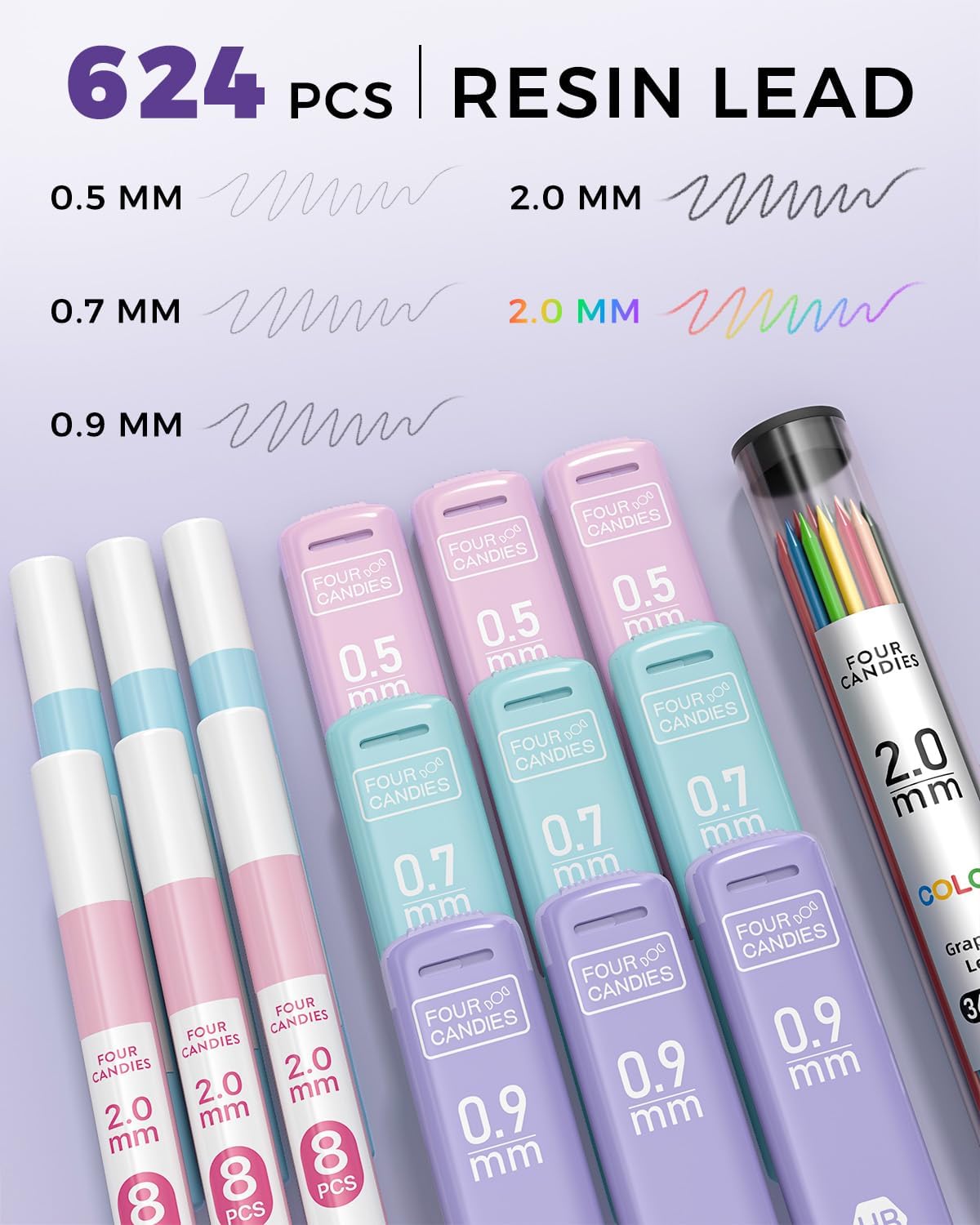 Four Candies 36PCS Aesthetic School Supplies, Mechanical Pencil Set 0.5mm, 0.7mm, 0.9mm & 2.0mm with 624 Lead Refills, Back to School Supplies for Writing & Drawing, Ideal Stationary Set Gift (Blue)