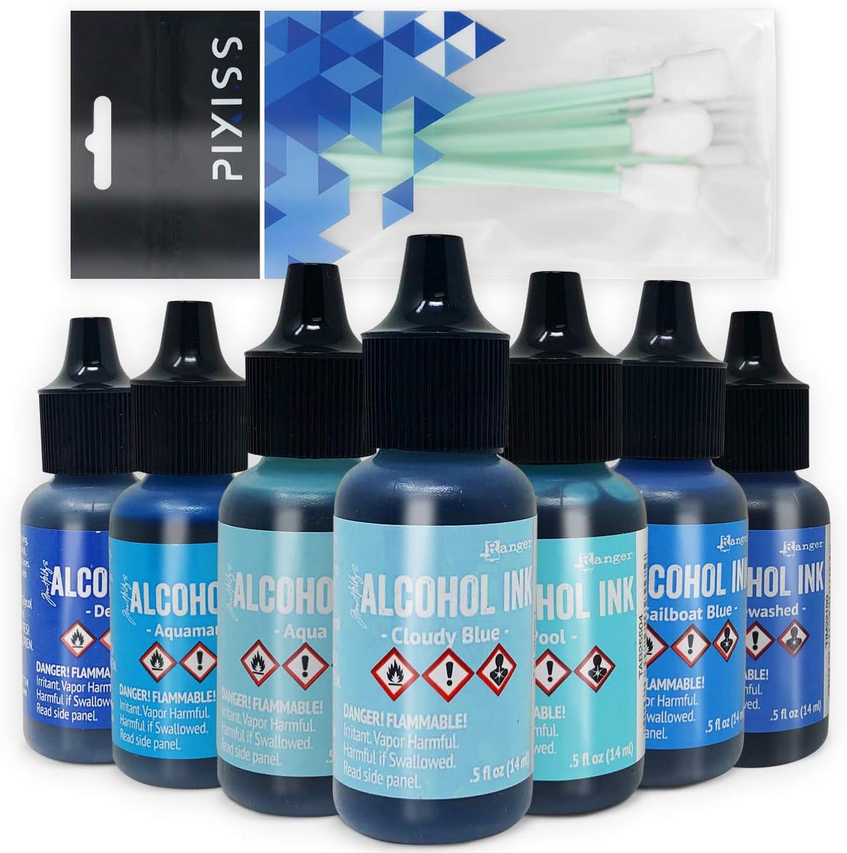 Tim Holtz Alcohol Inks - Shades of Blue - Denim, Stonewashed, Aquamarine, Pool, Cloudy Blue - 7 Ink Set - 10 Blending Tools