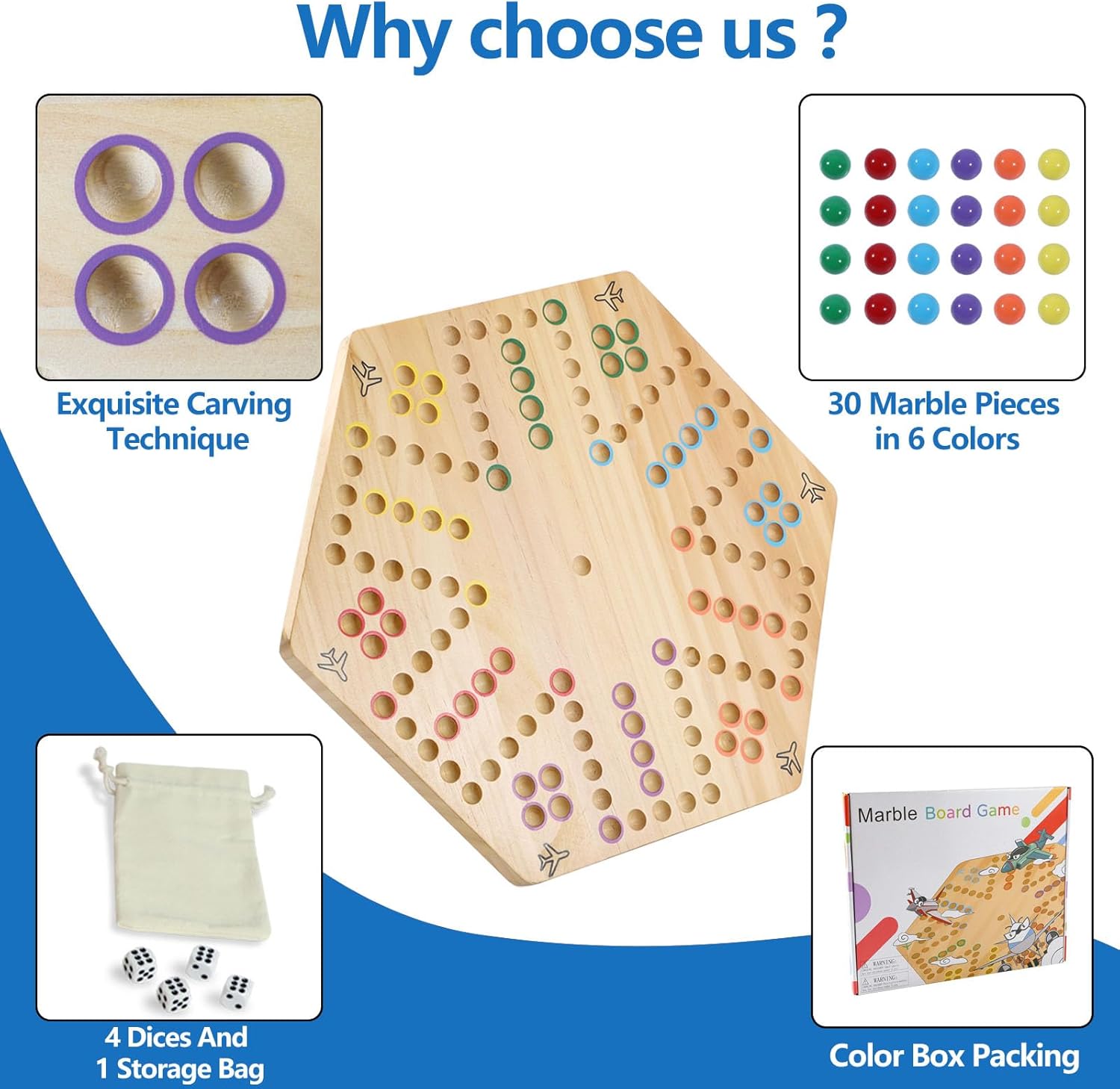 Original Marble Game Wahoo Board Game Double Sided Painted Wooden Fast Track Board Game for Family Friends and Party 6 and 4 Players 6 Colors 24 Marbles 6 Dice