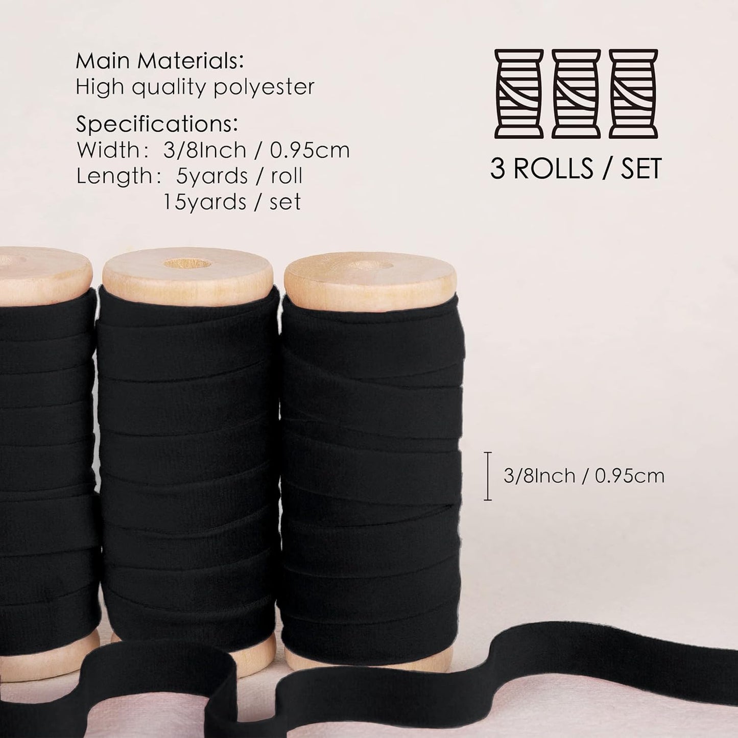 Vitalizart Black Velvet Ribbon Set 3/8" x 15 Yd Wooden Spool Fabric Trim 3 Rolls * 5 Yd for Christmas Wreath Decoration Handmade Craft Ornaments Gift Wrapping & Bow Making