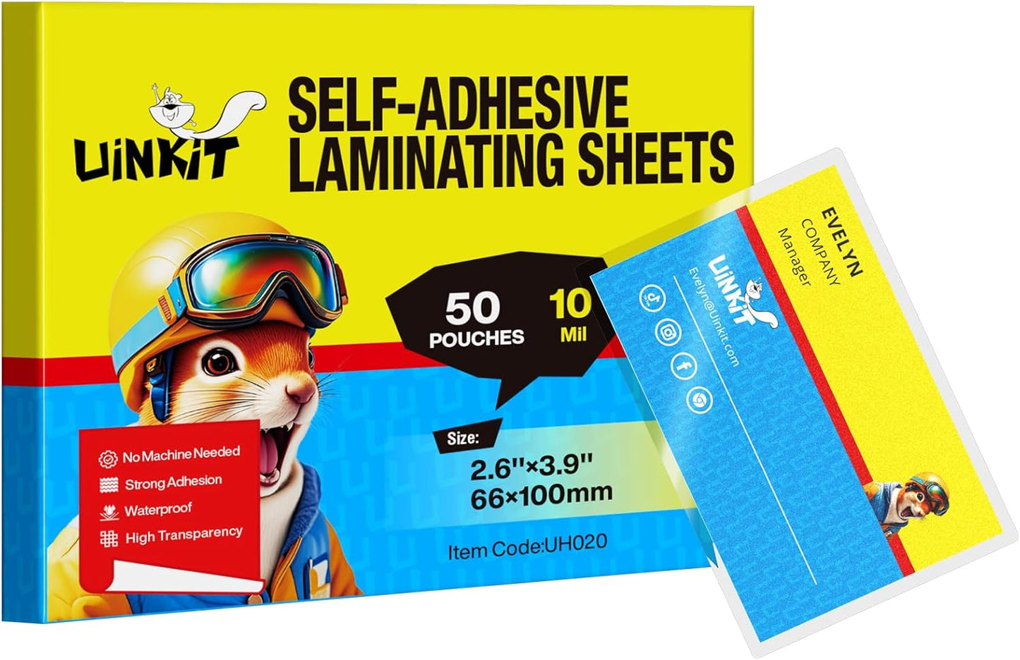 Uinkit 10 Mil Thick Double-Sided Self-Sealing Laminating Pouches, 50 Pack for 2.6x3.9 Business Card, Bulk Waterproof for Employee ID Badges, Loyalty & Membership Cards, No Machine Need