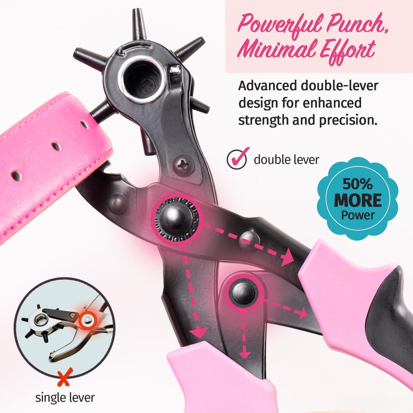 Precision Leather Hole Punch Tool, Best for Belts, Fabric, Leather (Up to 5mm Thick), Multi-Size Puncher for DIY, Craft & Home Projects, Comfortable for Smaller Hands with Reduced Handle Spread, Pink