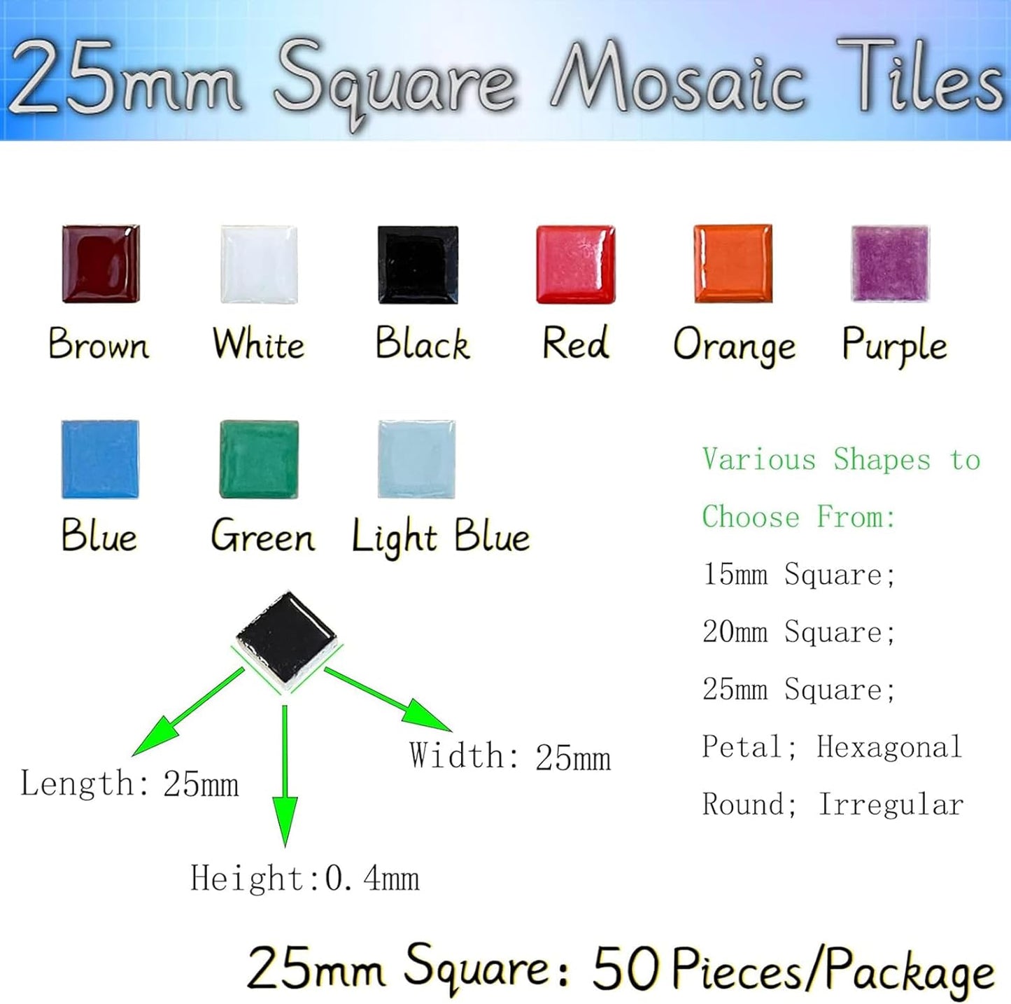 50 Pieces White Mosaic Tiles for Crafts 1" Ceramic Tiles Assorted Colors Square Ceramic Mosaic Project Supplies for Photo Frame Mosaic Stepping Stones Bath Old Pool Furniture Decor