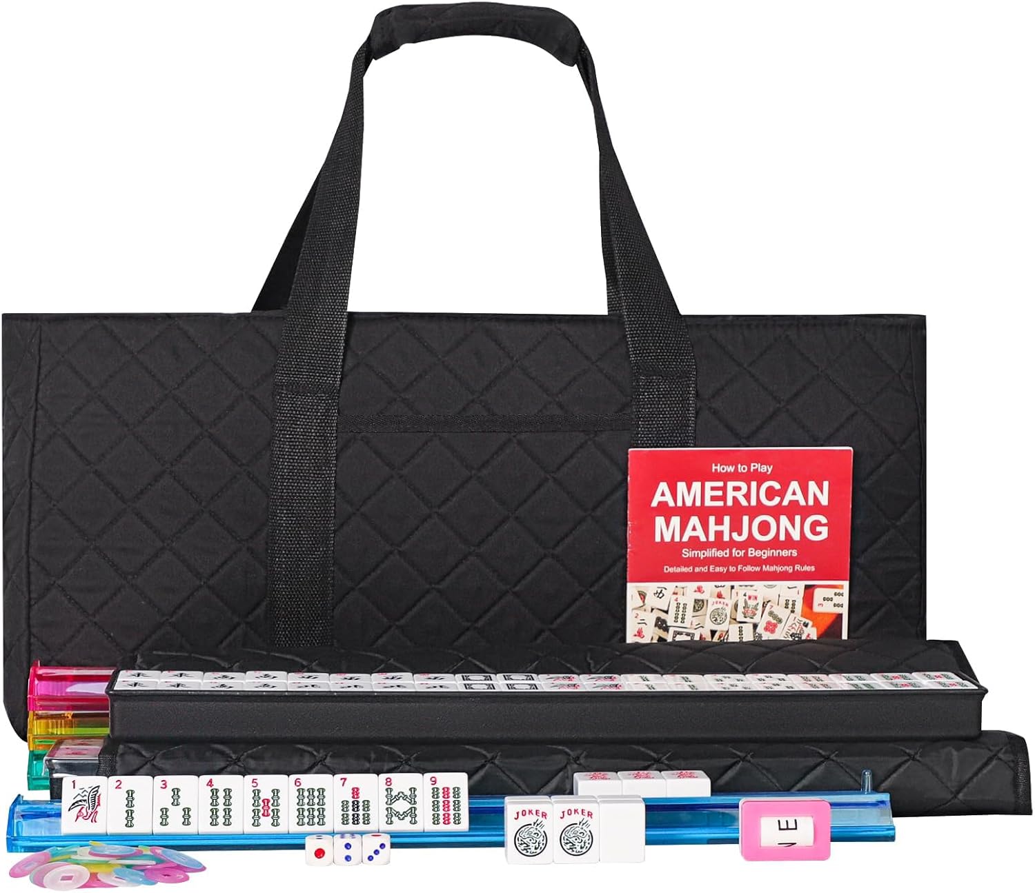 ZGME American Mahjong Set,166 White Tiles with Black Rectangular Bag and Accessories,4 All-in-One Mahjong Racks with Pushers,Complete Western Mahjong Set