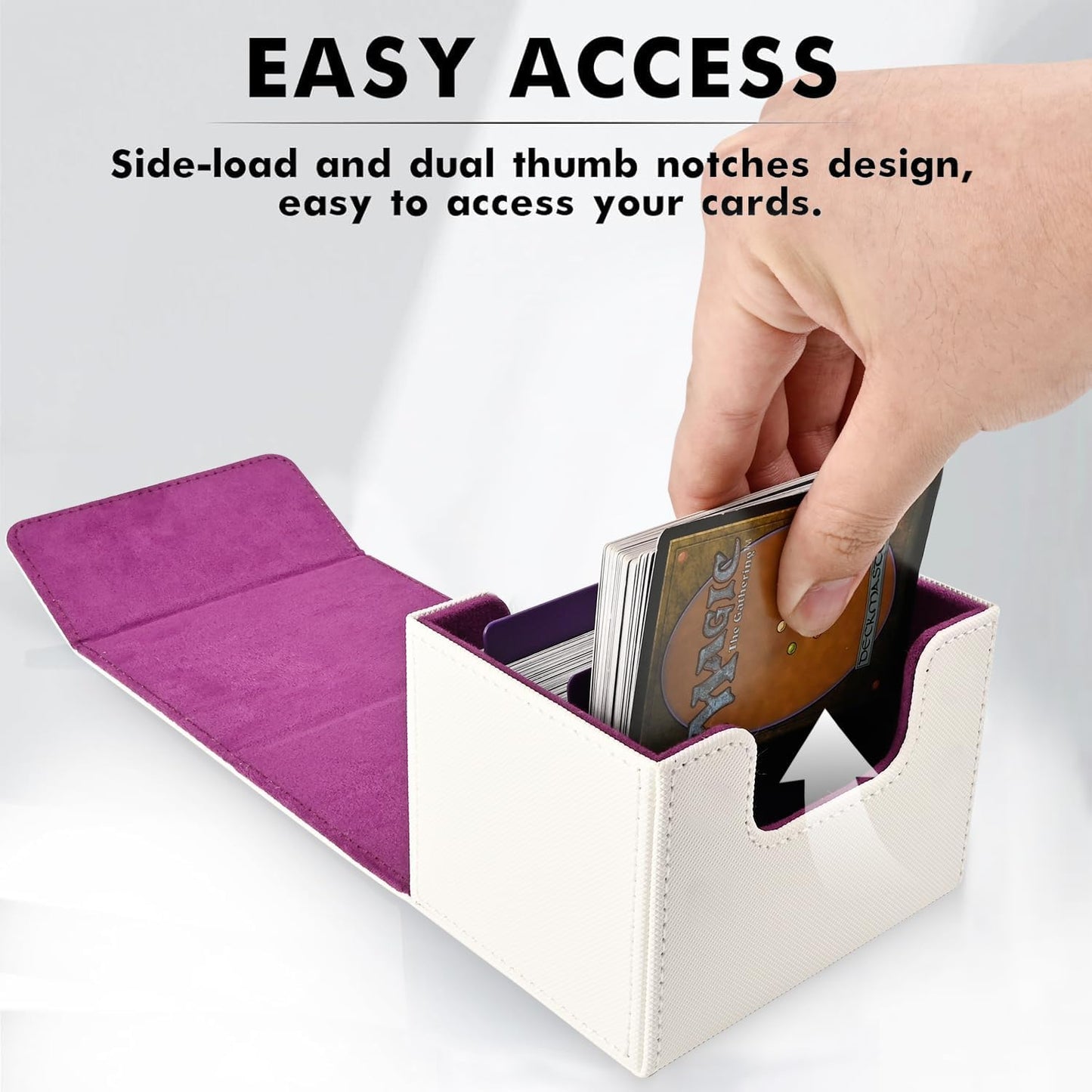 ZLCA Card Deck Box for Trading Cards, MTG Commander Deck Box Holds 120+ Single Sleeved, Leather Magnetic Card Storage Case Fits for TCG CCG Magic(White& Purple)