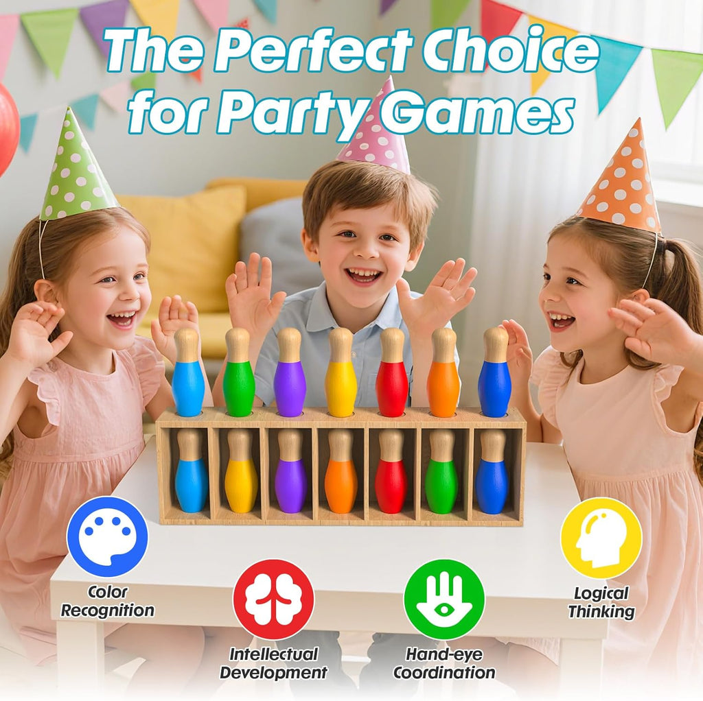 Color Matching Toy Set for Kids, Wooden Bowling Color Matching Game with 7 Bright Pins and Storage Bag, Matching Games for Kids Family Party Birthday Gift, Fun Party Game for Boys Girls