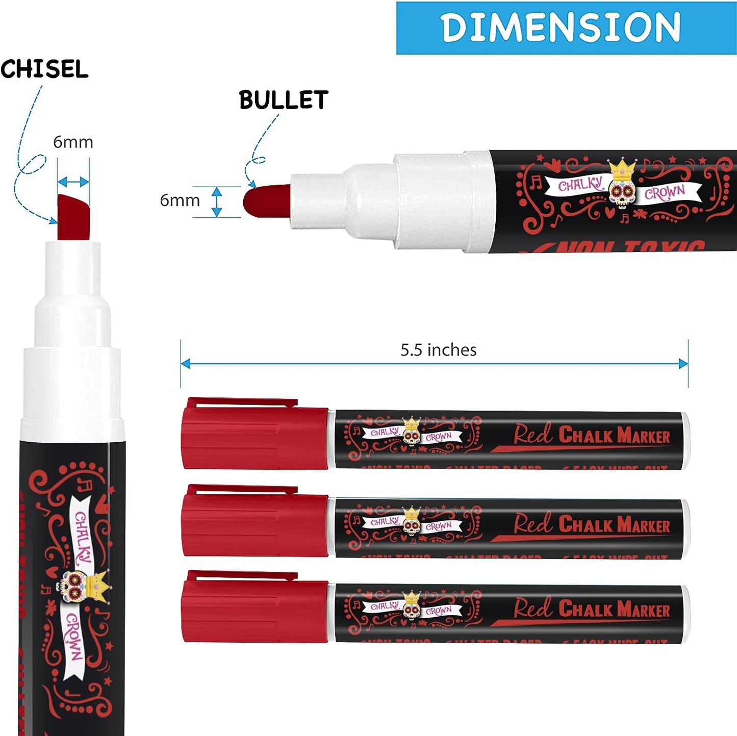 CHALKY CROWN Liquid Chalk Marker Pen - Dry Erase Marker - Chalk Markers for Chalkboard Signs, Windows, Blackboard, Glass - 6mm Reversible Tip (Red, 5 Pack)