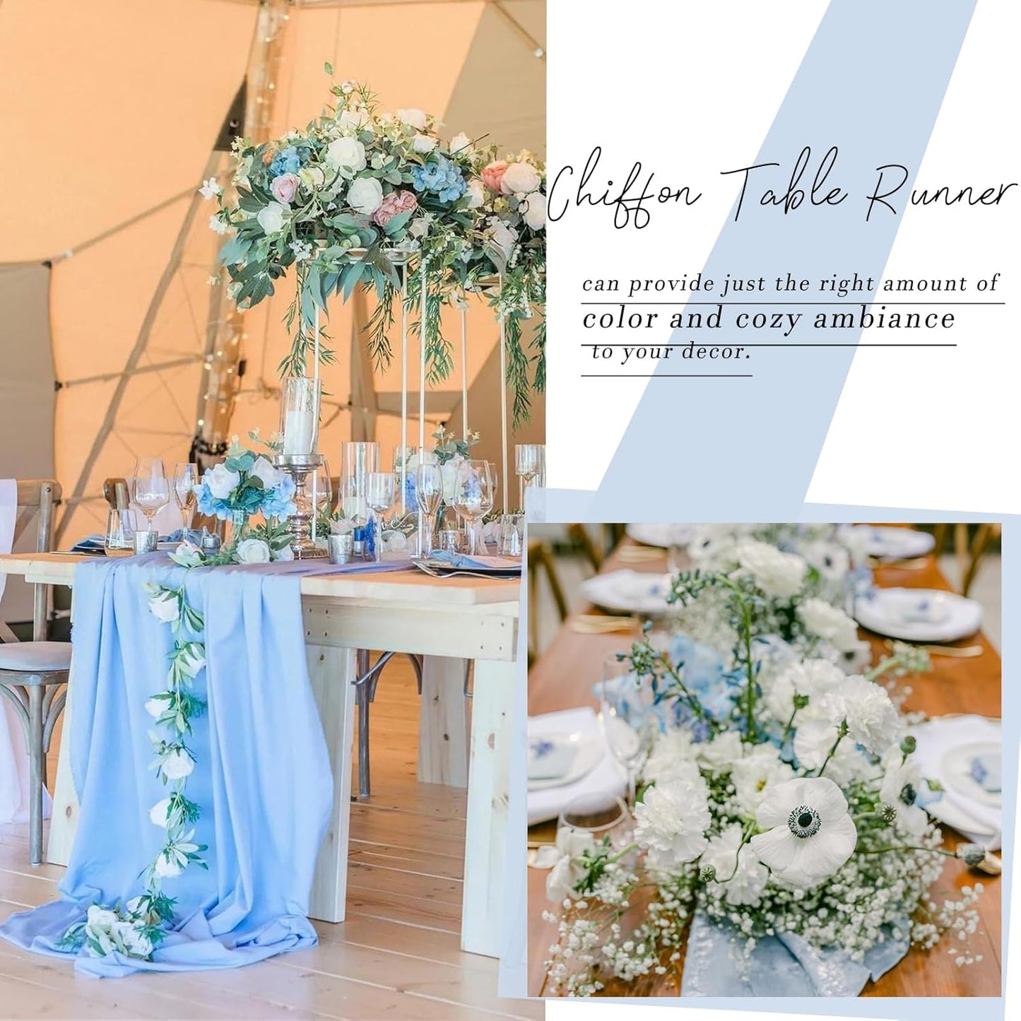 30 x 120 Inches Baby Blue Chiffon Table Runner 10ft Boho Gauze Table Runner for Wedding Decor, Rustic 120inch Long Table Runner for Wedding Bridal Baby Shower Party Decorations