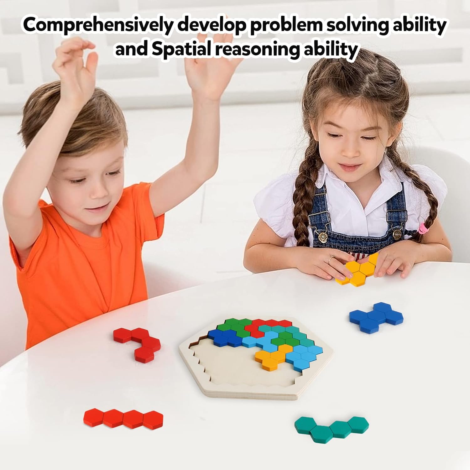 Skrtuan Wooden Blocks Puzzle for Kid Adults Brain Teaser Hexagon Puzzles Games Toy Shape Pattern Block Tangram Geometry Logic IQ STEM Montessori Educational Gift for Kids Boys Girls Challenge