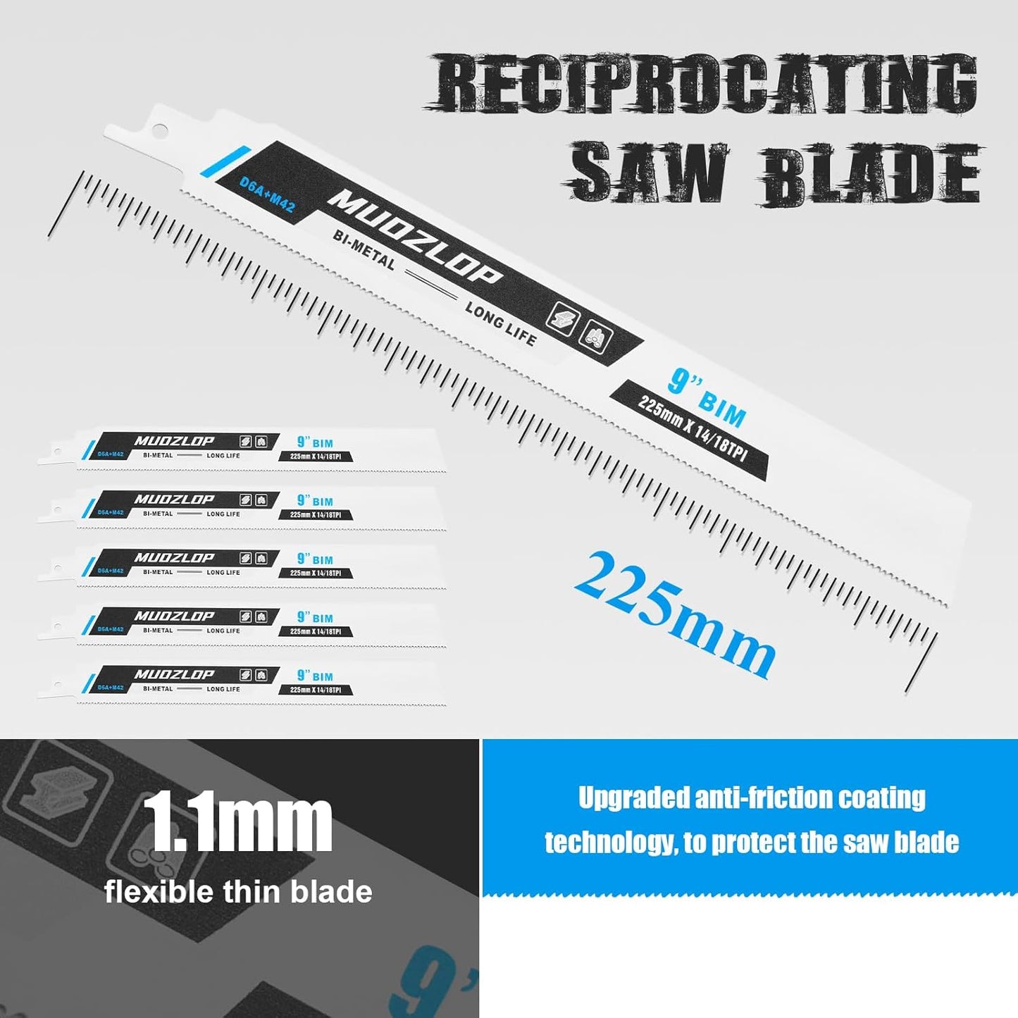 5 Pack 9 inch Reciprocating Saw Blades Set,14/18 TPI High Carbon Saw Blades,Metal Saw Blades with Organizer Case (5, 14/18TPI/225mm)
