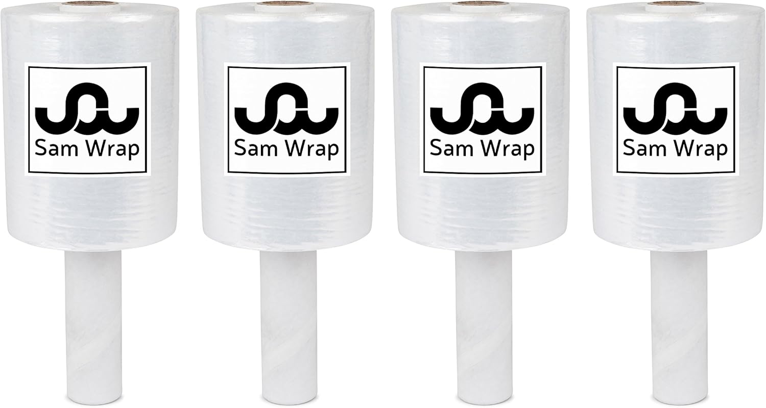 (R) Stretch Wrap 5" x 1000' Roll With Handle, 80 Gauge Extra Thick Durable Self-Adhering Plastic Wrap for Moving, Packing Wrap Industrial Strength, Clear Plastic Pallet Shrink (4 Pack)