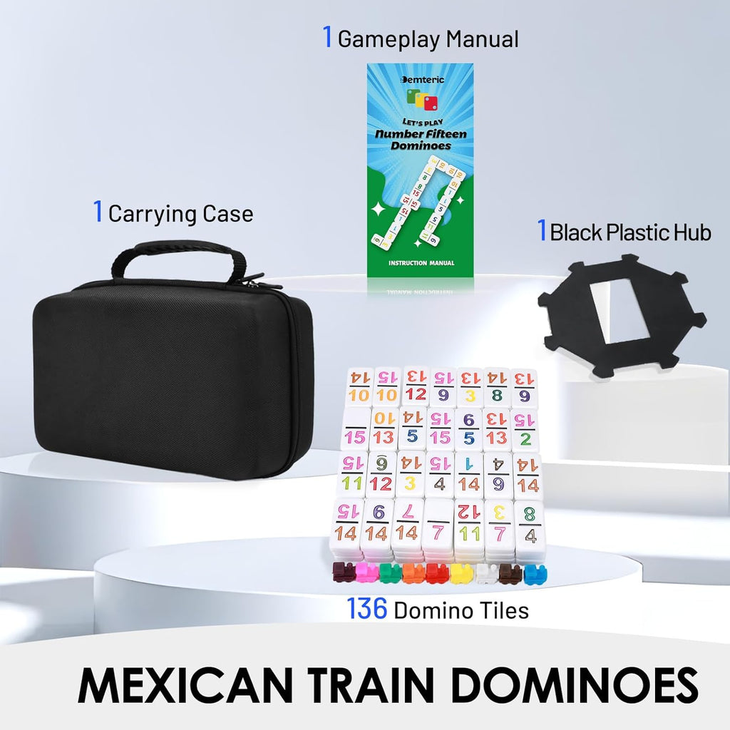Mexican Train Dominoes Double 15 | 136 Colorful Number Dominos Tiles Travel Board Game for Family Nights, Cognitive Strategy Game for 2-8 Players