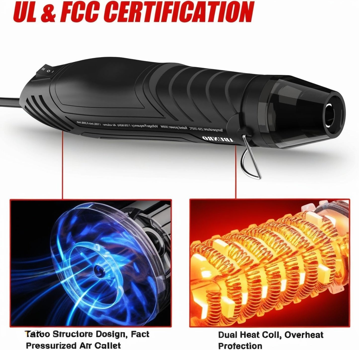 Mini Heat Gun 300W, 482℉ & 662℉（250℃& 350℃）Fast Heat Hot Air Gun Tool with Reflector Nozzle and 6.6Ft Long Cable Overload Protection for Crafting, Vinyl Wrap and Shrink Tubing