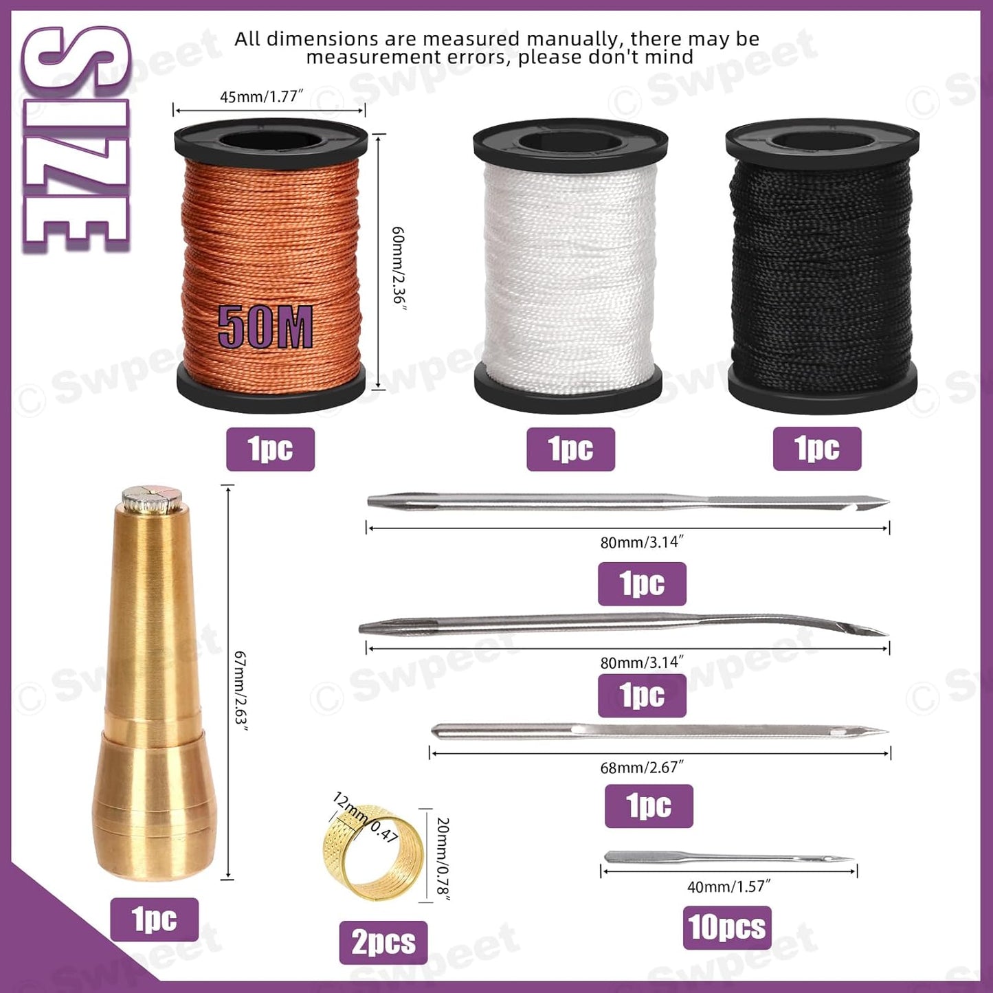 Swpeet 10Pcs Portable Copper Handle Canvas Leather Sewing Awl Needle and 3 Colors Nylon Waxed Thread Cord with Thimble Assortment Kit, Leather Sewing Tools for Canvas, Shoe and Leather Repair