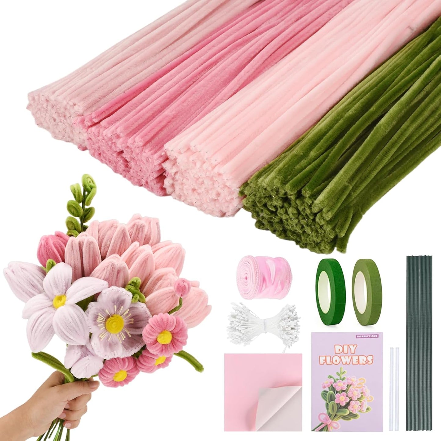Pipe Cleaners Craft, 400pcs Pipe Cleaners with Flower Stems, Floral Tape, Ribbon, for Flower Bouquet DIY-Pink
