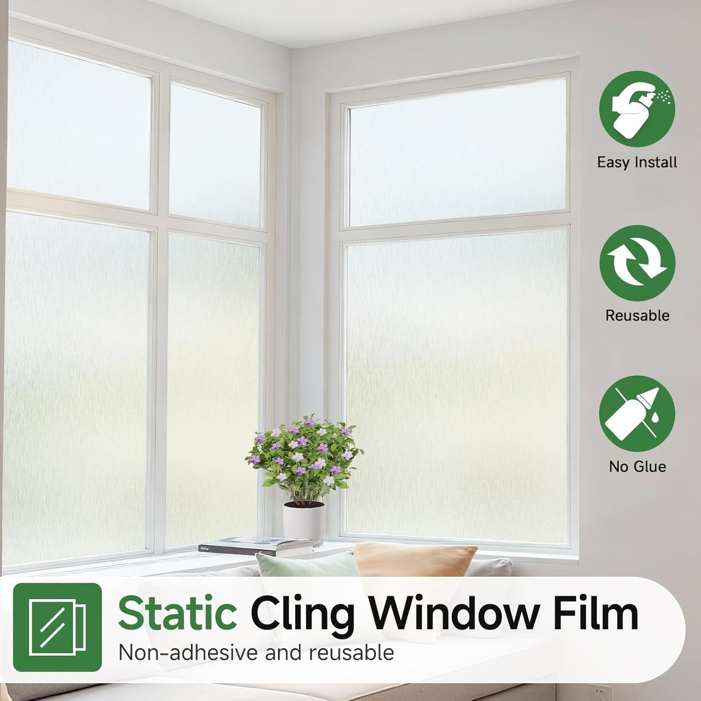 Borsky Frosted Glass Window Film - Static Cling, 96% UV Blocking Non-Adhesive Privacy Window Film, Removable Window Cling with Day & Night Privacy for Bathroom Home Office, 17.5 x 78.7 Inches, Pure