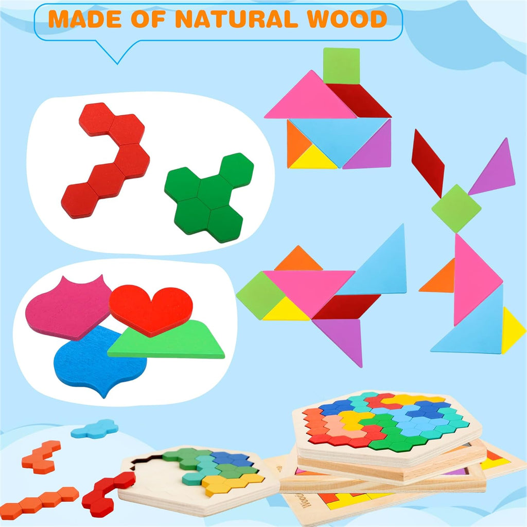 7 Pack Wooden Tangrams Puzzle Set Wooden Hexagon Puzzles Wood Russian Blocks Geometric Block Brain Teaser for Kids Adults 3D Logic Intelligence IQ Game Gift