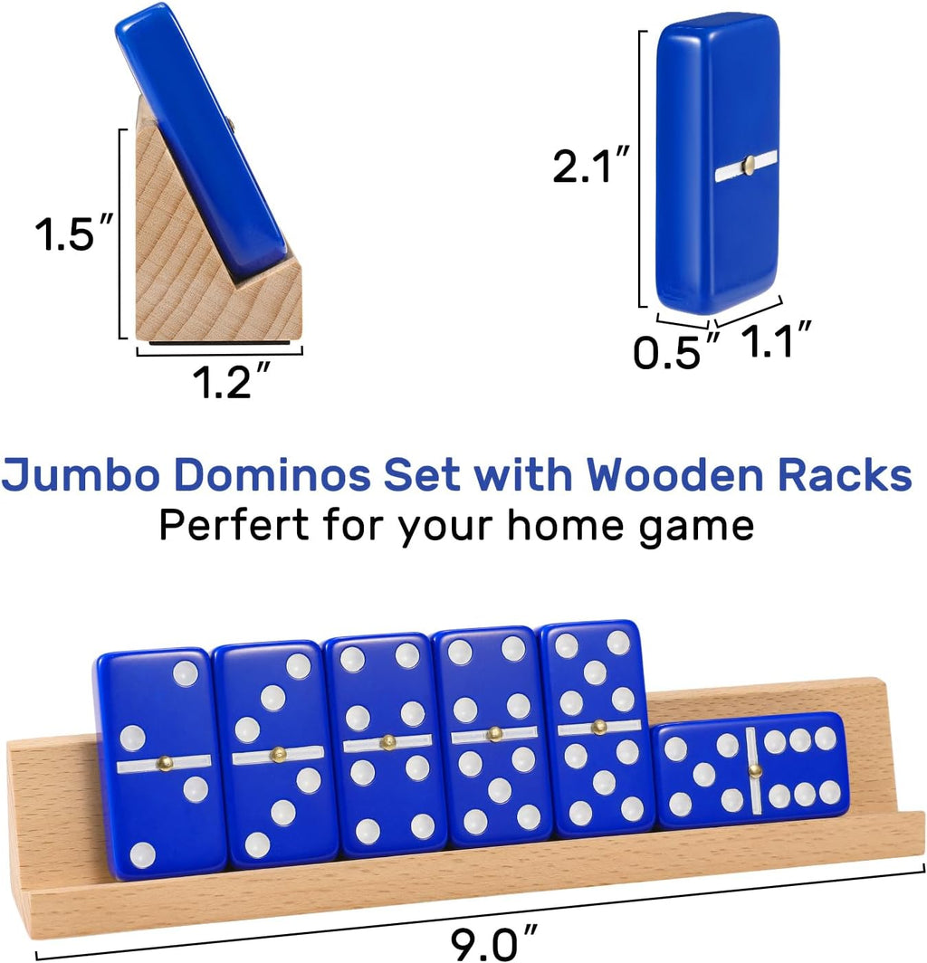 Dominoes Set for Adults with 4 Wooden Racks/Trays, Double Six Travel Portable Case 6 Tiles Holders, 28 Dominos Family Board Games - Blue