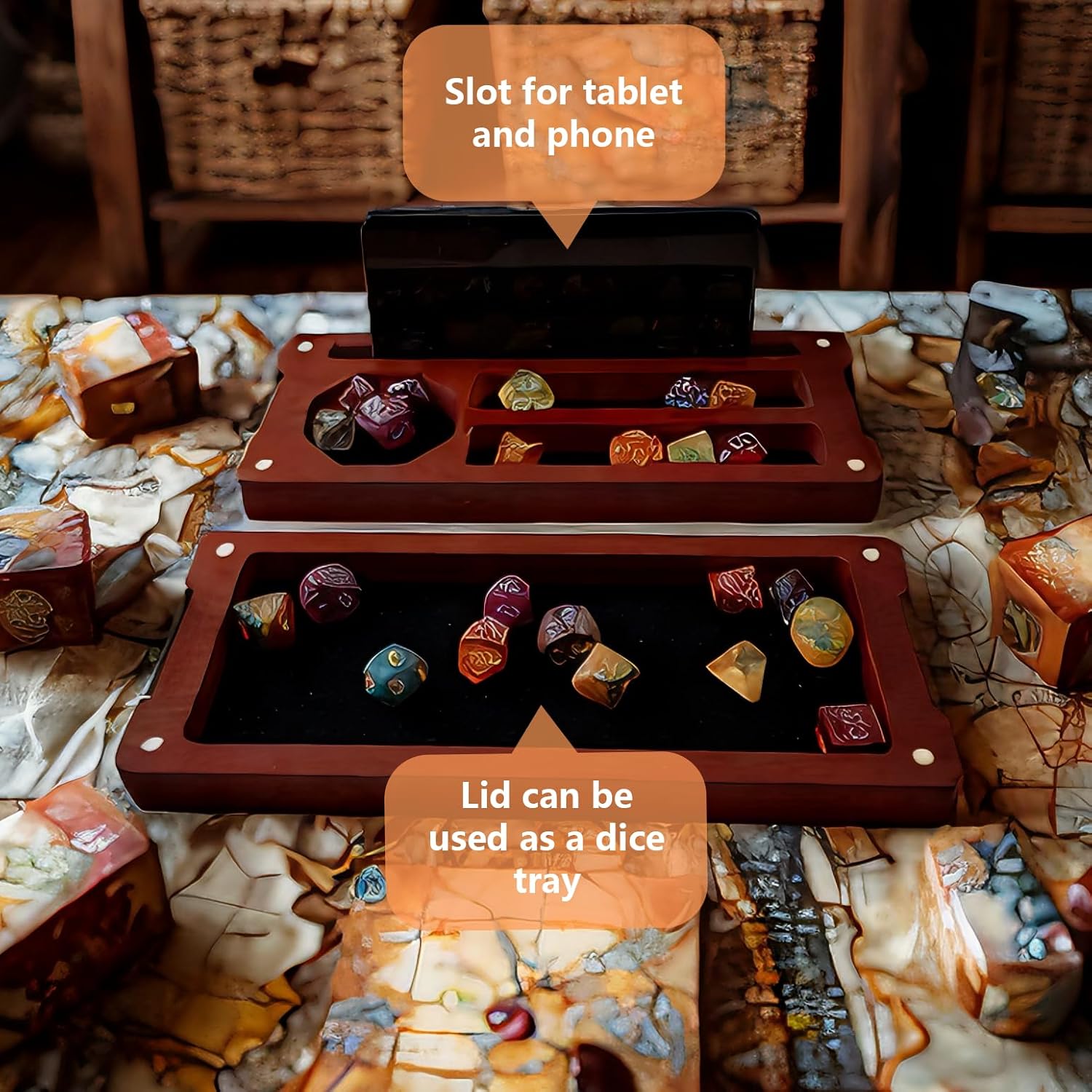 Wooden Dice Box DND Dice Holder 9.5 x 4 Inch Dice Storage Case RPG Dice Rolling Tray Travel Dice Organizer with Felt Lined Magnetic Lid D&D Accessories