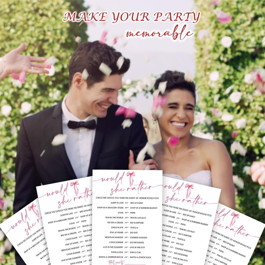 Wedding Shower Games Cards, Would She Rather Bridal Shower Game for 25 Guests, Engagement Party Wedding Games for Guests, Pink Ribbon Bow Wedding Party Supplies - E11