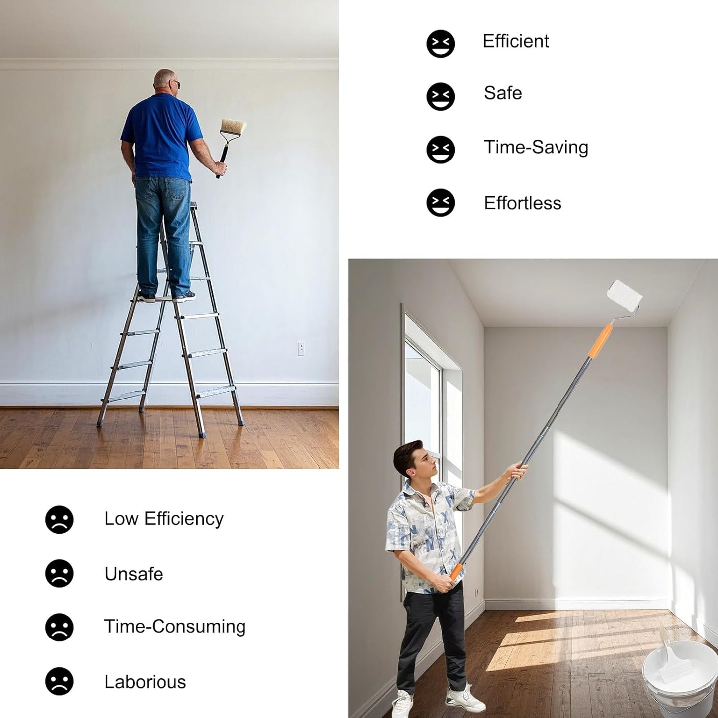 8 PCS Total 10 Ft Extension Pole, Paint Roller Stainless-Steel Threaded Splicing Extension Poles for Hand Drywall Sander Wall Cleaning and Polishing Paint Roller Brushes