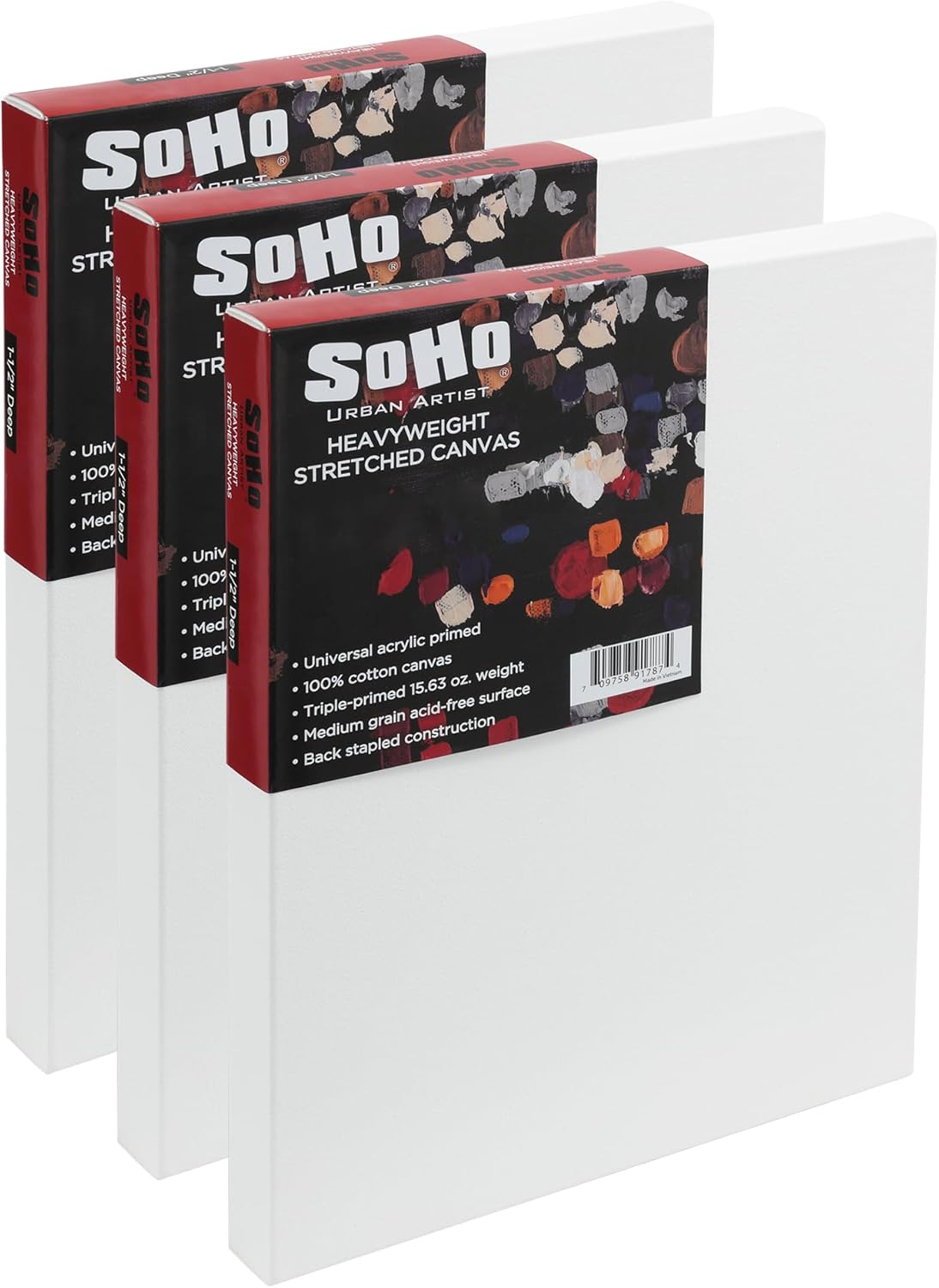 SoHo Urban Artist, 24x36 Heavyweight Stretched Cotton Canvas for Painting - 1.5" Deep- 3 Pack, Triple Primed, 100% Cotton Canvas, Archival, Universal Primed for Oil, Acrylic, Alkyd, Mixed Media