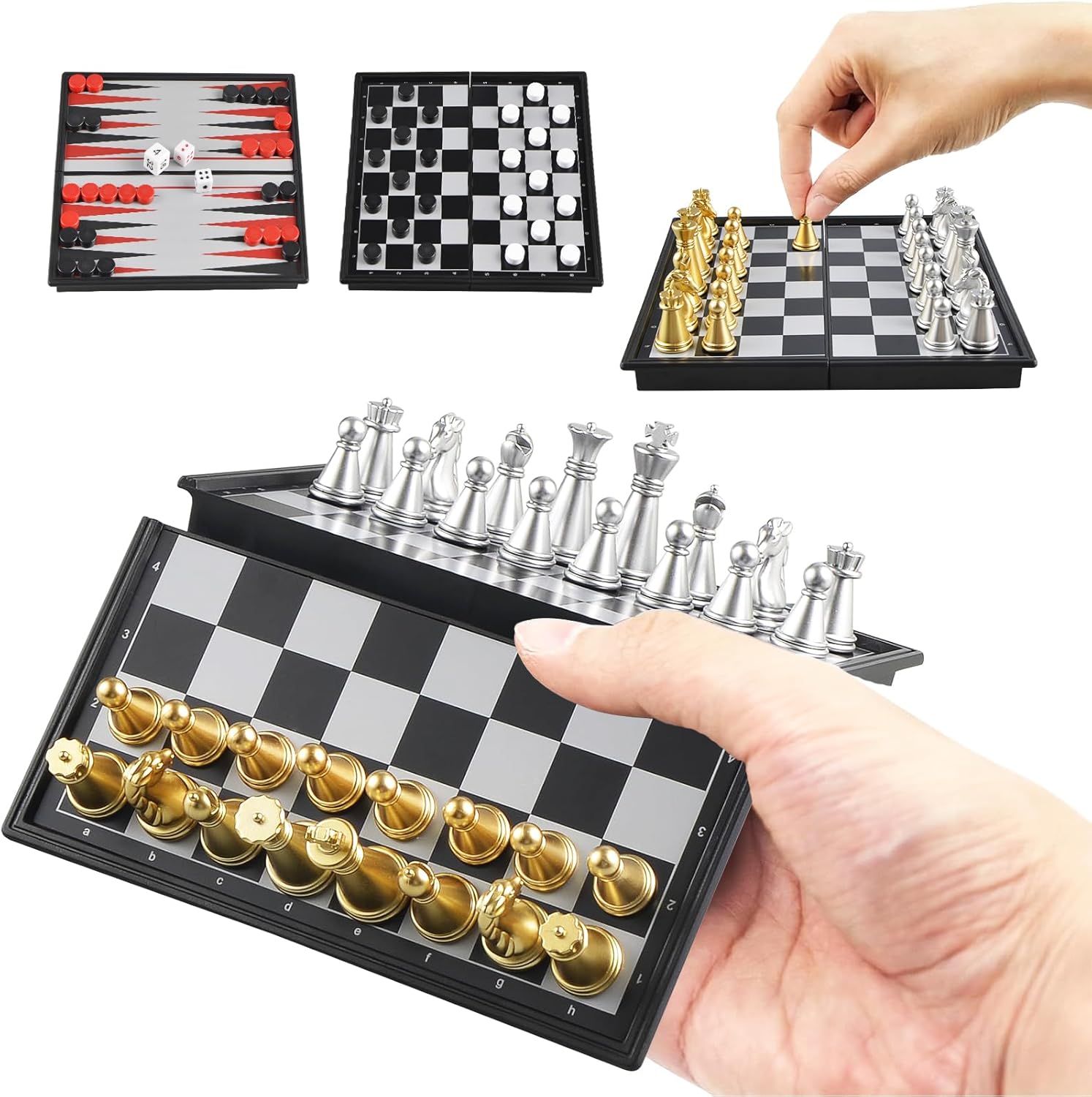 5'' Mini 3 in 1 Chess Checkers Backgammon Set Magnetic Folding Travel Chess Board with Instructions 2 Players for Kids and Adults