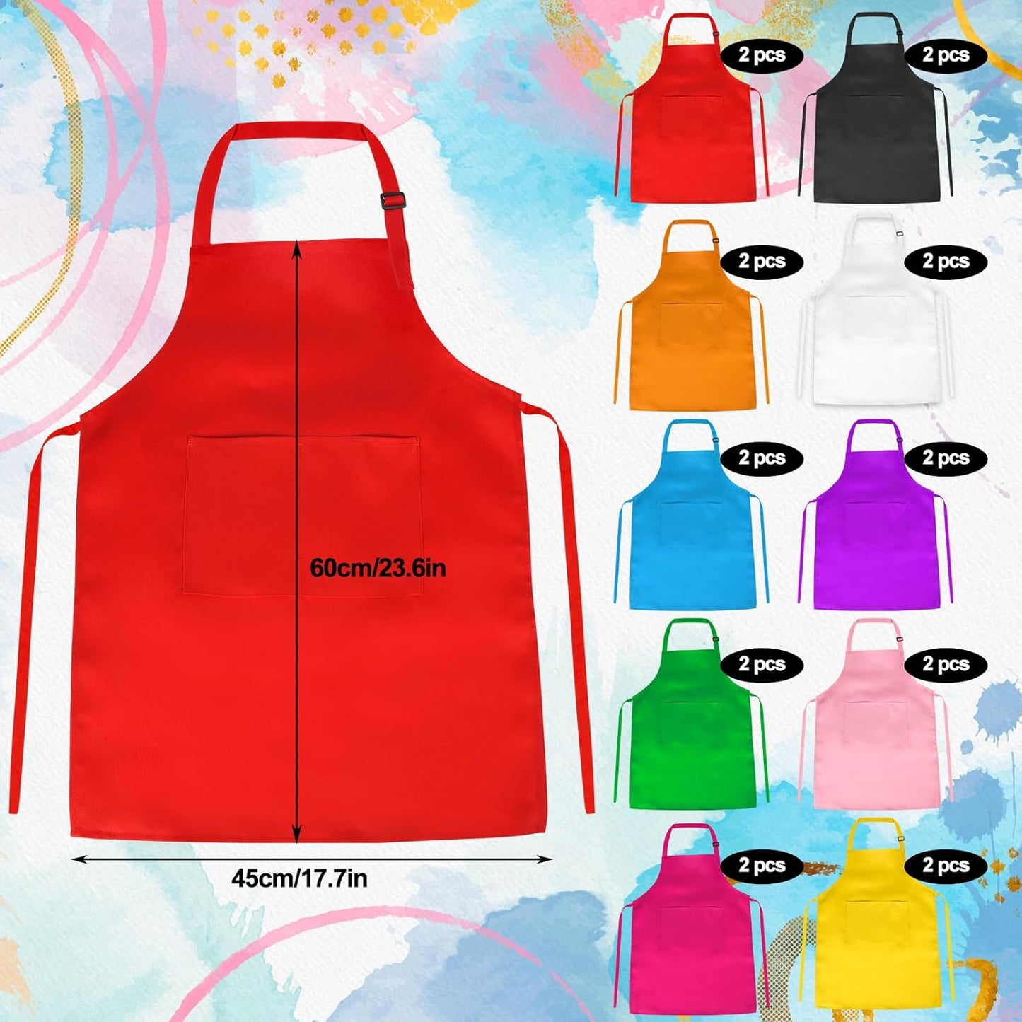 PLULON 10 Pcs Kids Apron Set Adjustable Children Art Aprons with 2 Pockets Artist Apron Bulk for Baking Painting Cooking Activity - 10 Colors