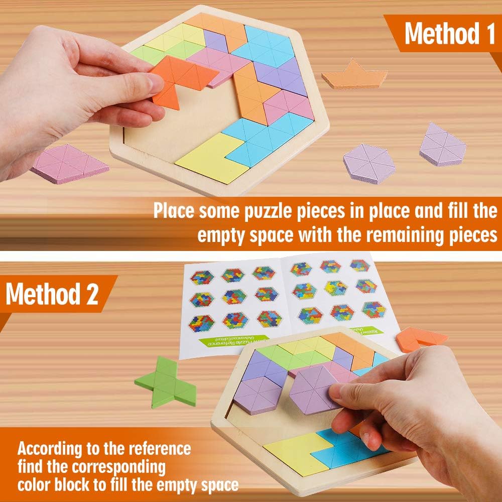 Skrtuan Wooden Hexagon Puzzle for Kid Adults Wooden Blocks Puzzle Brain Teasers Toy Shape Pattern Blocks Tangram Puzzles Games Family Portable Montessori Educational Gift for Kid Children
