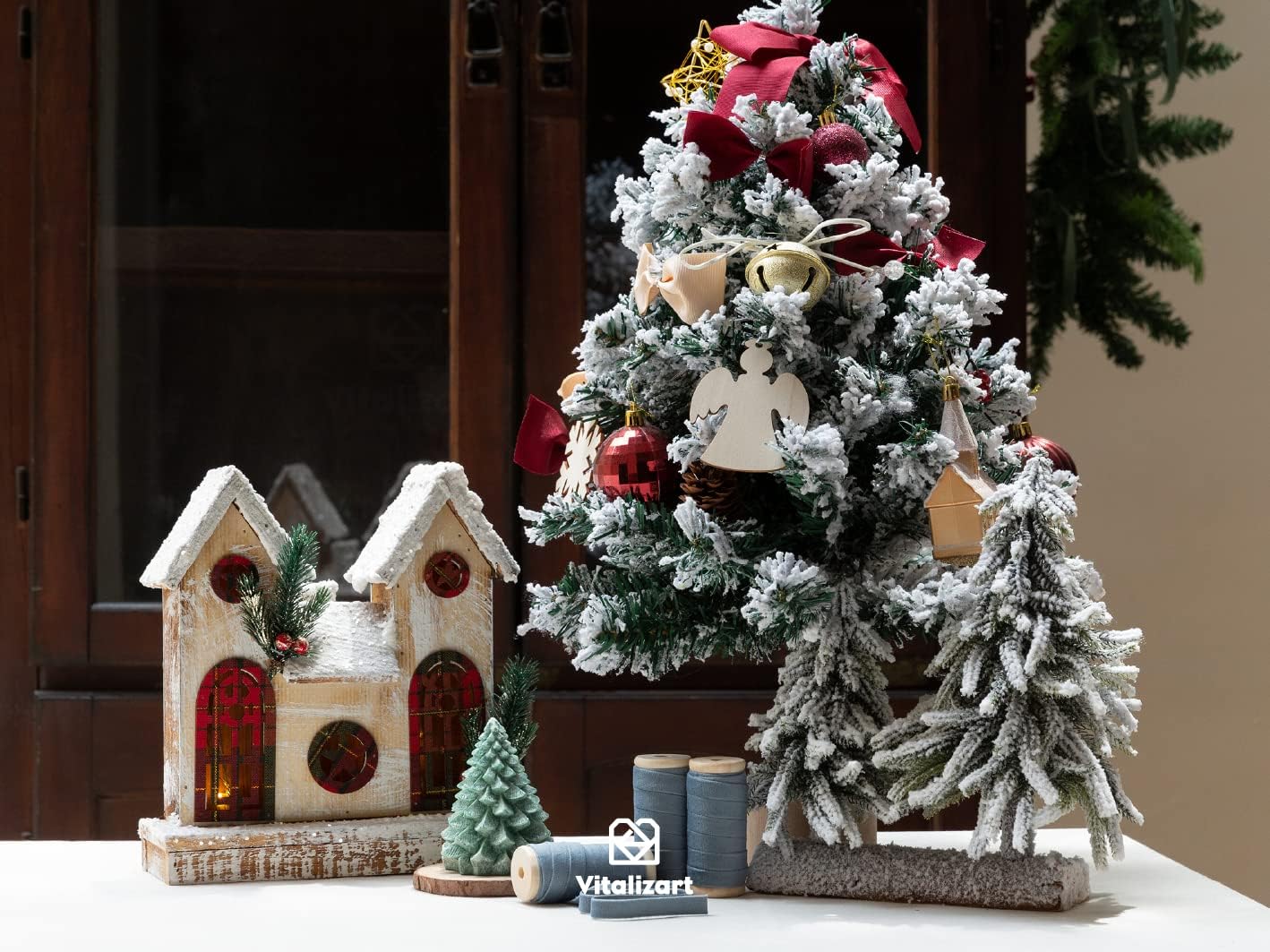 Vitalizart Dusty Blue Velvet Ribbon Set 3/8" x 15 Yd Wooden Spool Fabric Trim 3 Rolls * 5 Yd for Christmas Wreath Decoration Handmade Craft Ornaments Gift Wrapping & Bow Making