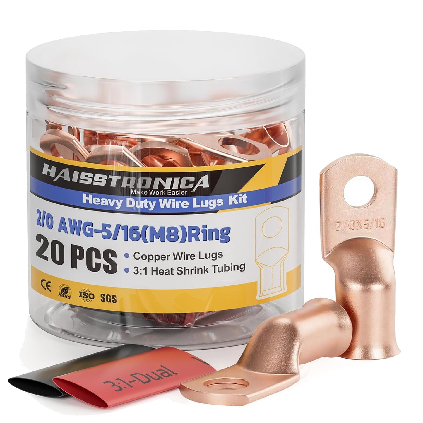 haisstronica 10pcs 2/0 AWG - 5/16"(M8) Battery Cable Lugs, Heavy Duty Copper Wire Lugs with 10pcs 3:1 Adhesive Heat Shrink Tubing, 00 Gauge Wire Lugs, Battery Terminal Connector, Battery Cable Ends