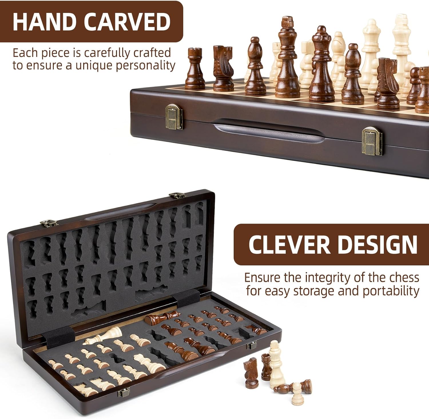 Magnetic Wooden Chess Set for Adults Kids,15" Folding Chess Board with Wood Texture 2 Extra Queens - Handmade Pieces Travel Board Games for Professional Beginner