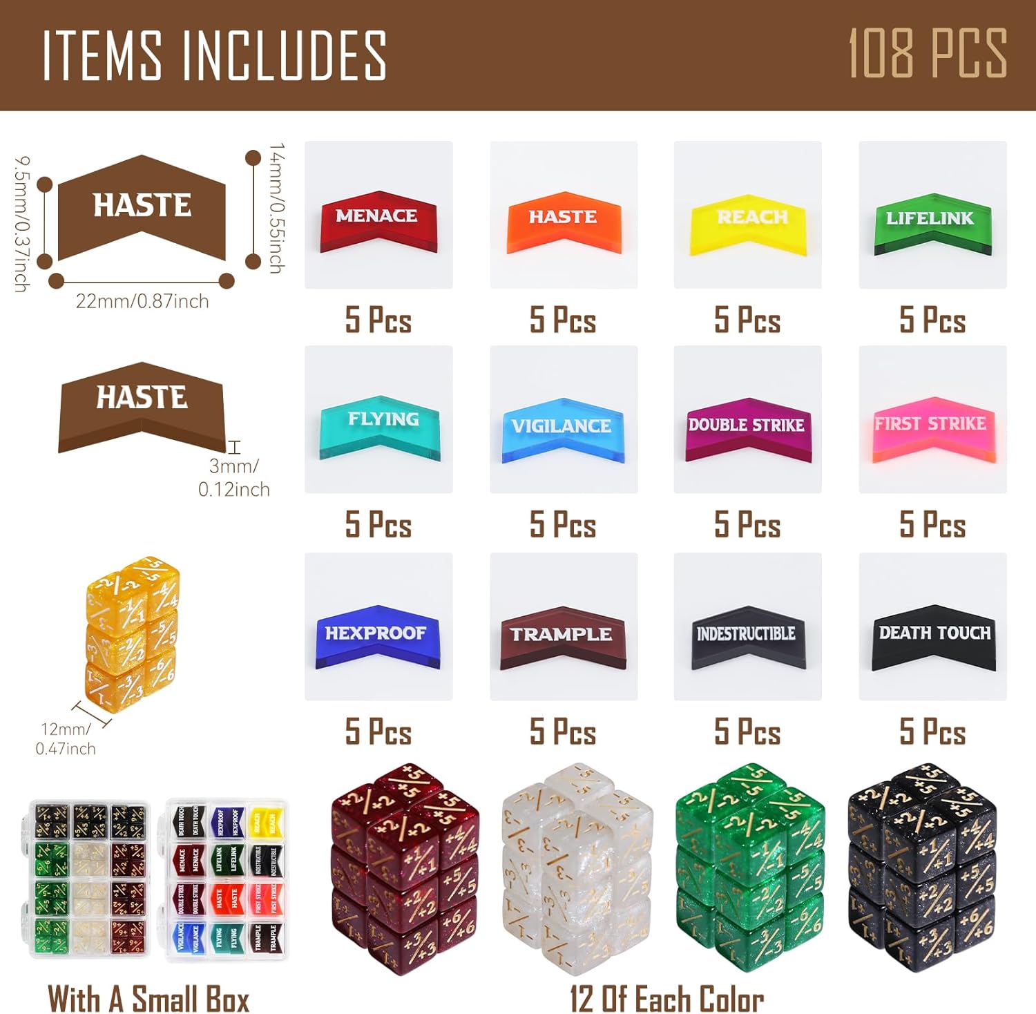 108PCS MTG Keyword Tokens & 12mm MTG Life Counter Dice Set for Magic Card, CCG Creature Stats Loyalty Dice with Box, Magic TCG Card Game Accessories
