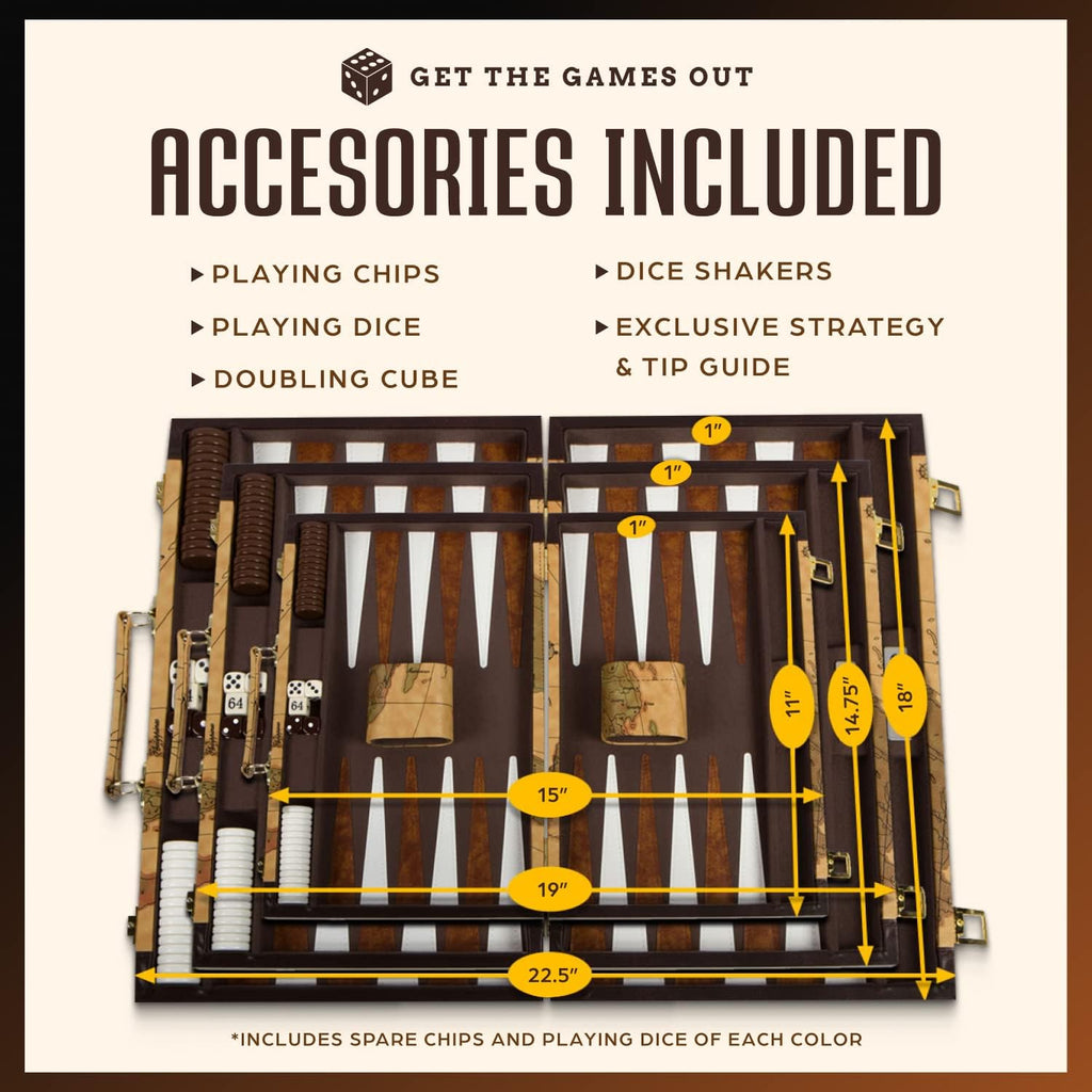 Get The Games Out Top Backgammon Set - Travel Backgammon Sets for Adults - Small Travel Size Classic Backgammon Board Game Case - Includes Strategy Guide & Full 15 Pieces (Map Edition, Small)